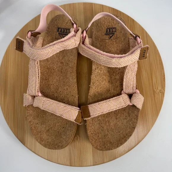 Reef Cushion Rem Pink Tan Woven Strappy Cork Footbed Sandals Womens 9 D-22 JHV - Picture 11 of 11
